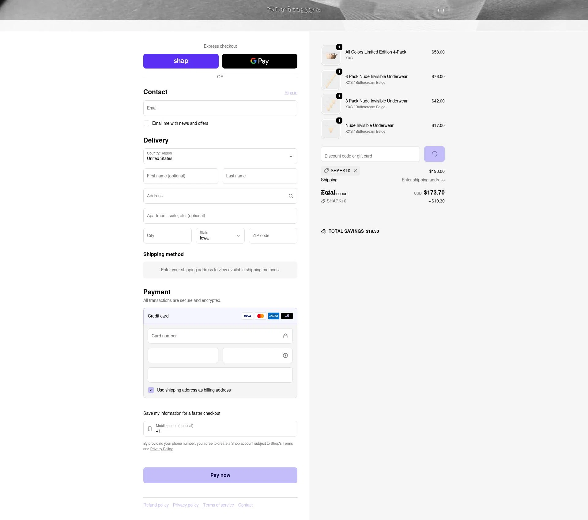 Stringys checkout page showing Stringys discount code box | Screenshot taken by SimplyCodes community member on Feb 12, 2026