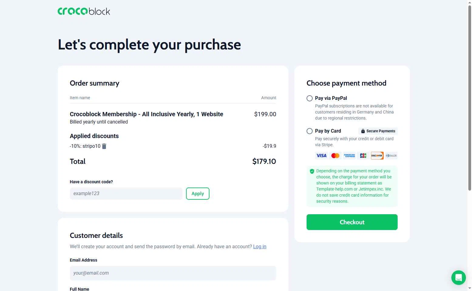 Stripo checkout page showing Stripo promo code box | Screenshot taken by SimplyCodes community member on Aug 4, 2025