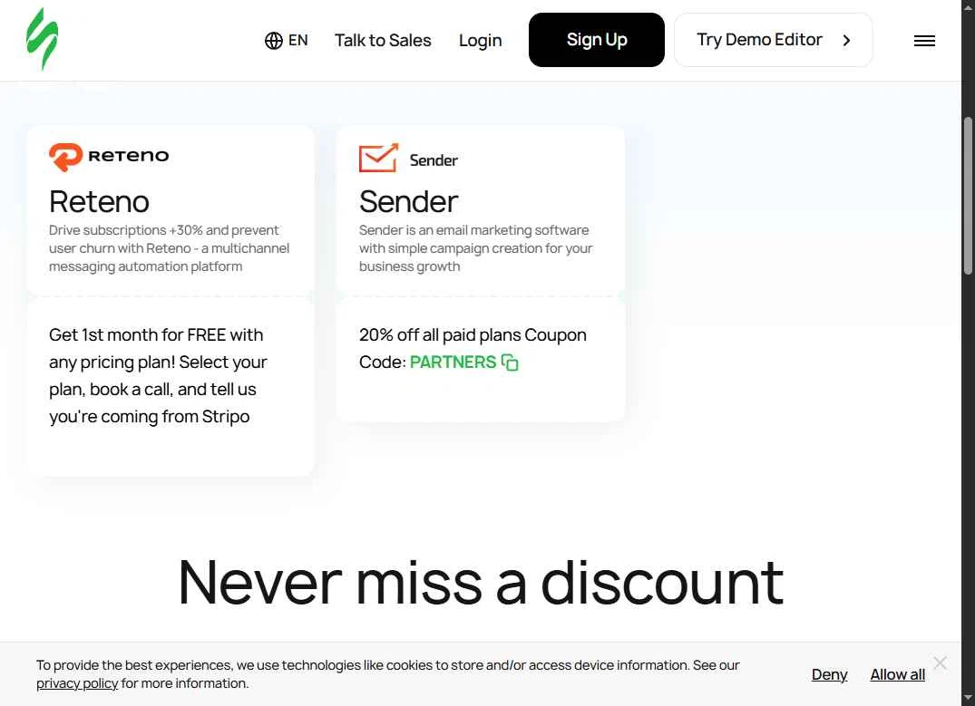 Stripo checkout page showing Stripo promo code box | Screenshot taken by SimplyCodes community member on May 20, 2025