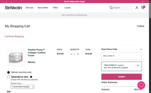 StriVectin checkout page showing StriVectin promo code box | Screenshot taken by SimplyCodes community member on Jul 17, 2025