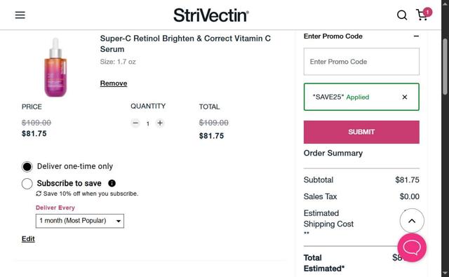 StriVectin checkout page showing StriVectin promo code box | Screenshot taken by SimplyCodes community member on Sep 9, 2025