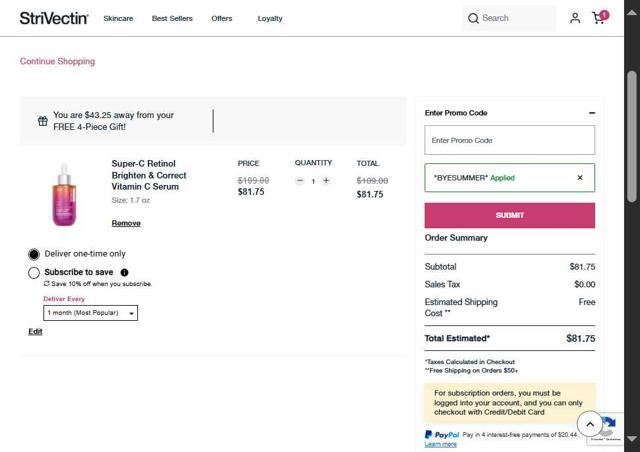 StriVectin checkout page showing StriVectin promo code box | Screenshot taken by SimplyCodes community member on Aug 14, 2025