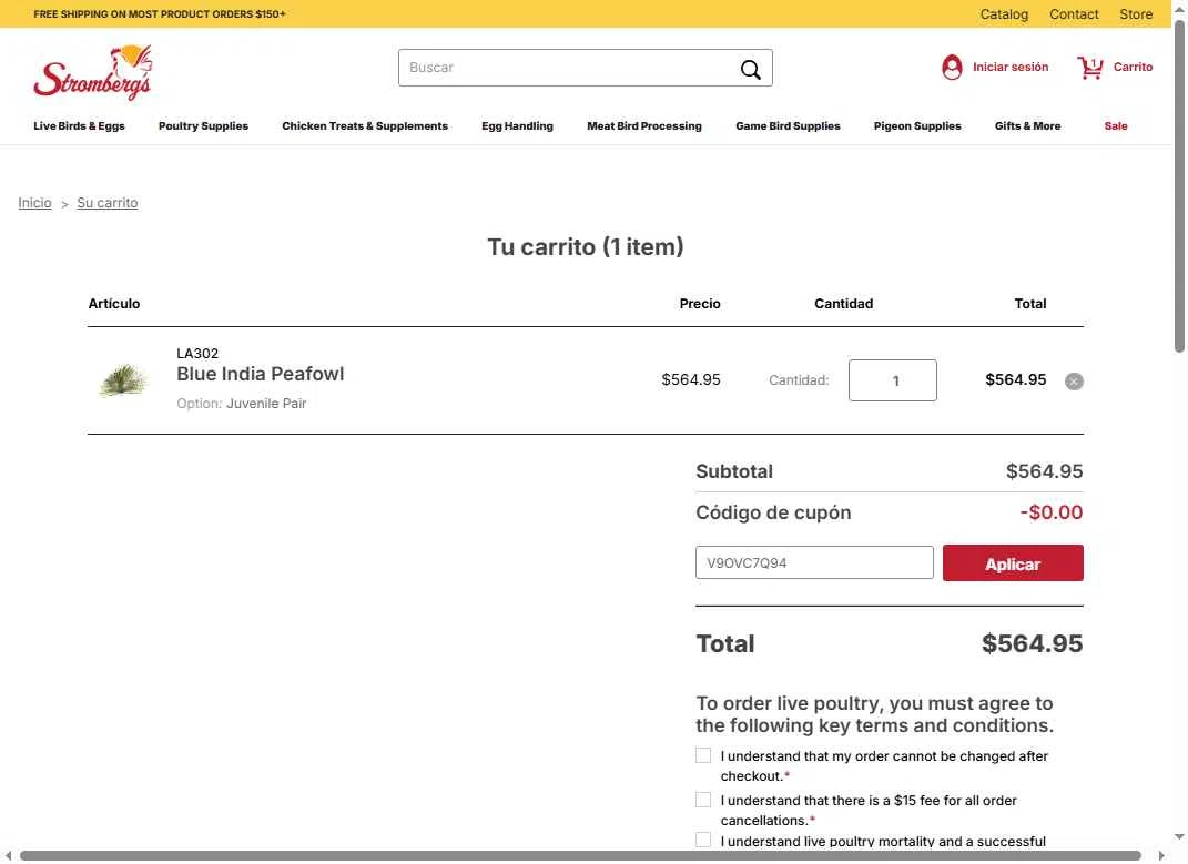 Strombergs checkout page showing Strombergs coupon code box | Screenshot taken by SimplyCodes community member on Feb 11, 2026