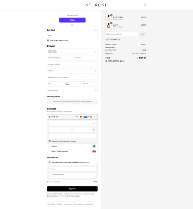 ST. ROSE checkout page showing ST. ROSE promo code box | Screenshot taken by SimplyCodes community member on Aug 31, 2025