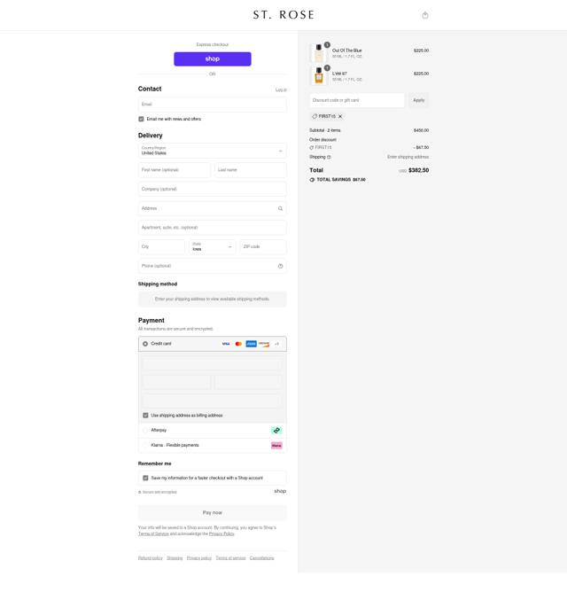 ST. ROSE checkout page showing ST. ROSE promo code box | Screenshot taken by SimplyCodes community member on Sep 9, 2025