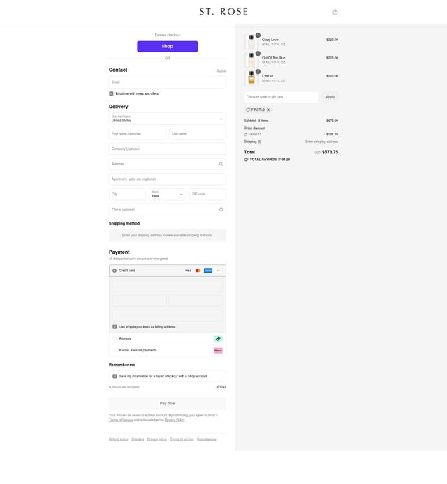 ST. ROSE checkout page showing ST. ROSE promo code box | Screenshot taken by SimplyCodes community member on Sep 12, 2025