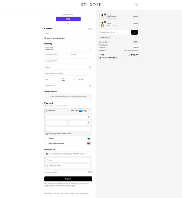 ST. ROSE checkout page showing ST. ROSE promo code box | Screenshot taken by SimplyCodes community member on Sep 9, 2025
