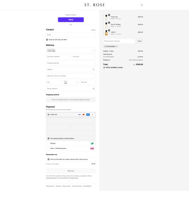 ST. ROSE checkout page showing ST. ROSE promo code box | Screenshot taken by SimplyCodes community member on Sep 12, 2025