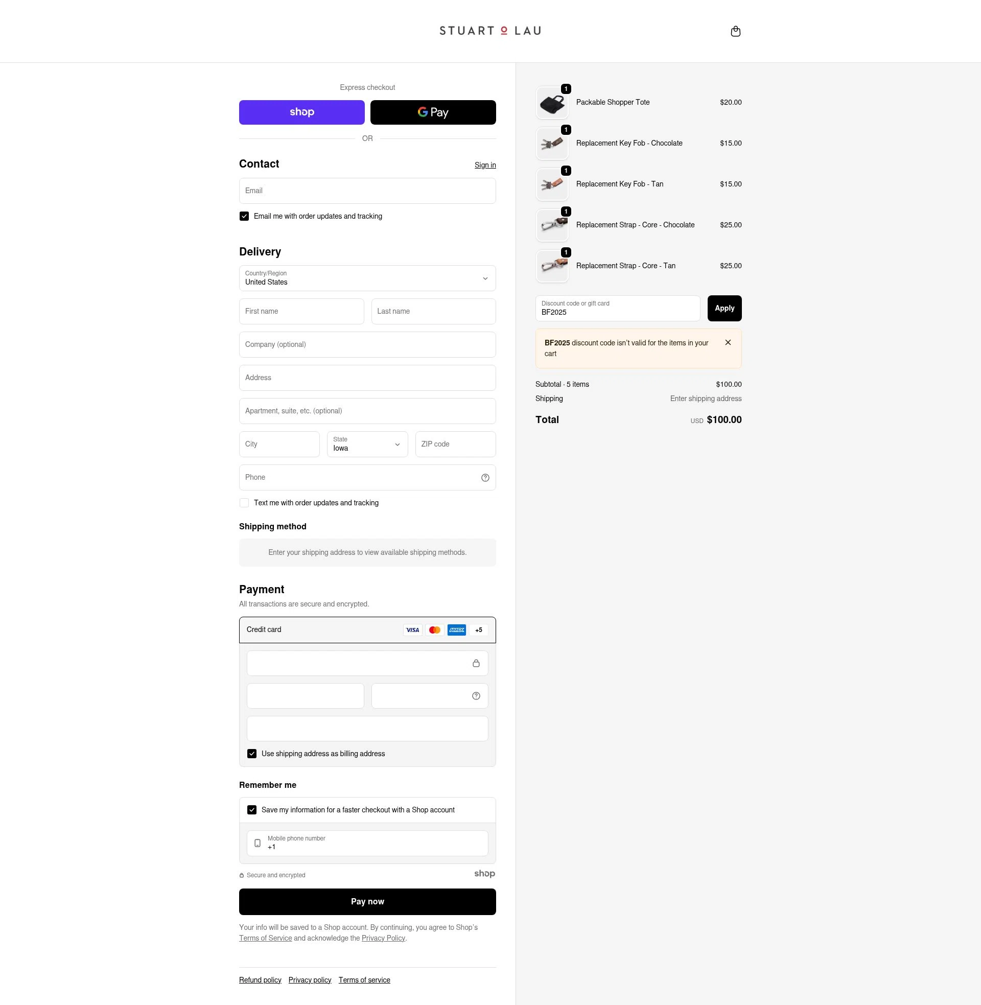 Stuart & Lau checkout page showing Stuart & Lau promo code box | Screenshot taken by SimplyCodes community member on Nov 7, 2025