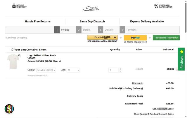 Stuarts London checkout page showing Stuarts London discount code box | Screenshot taken by SimplyCodes community member on Aug 12, 2025