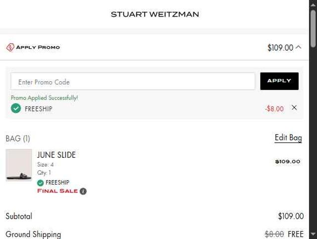 Stuart Weitzman checkout page showing Stuart Weitzman promo code box | Screenshot taken by SimplyCodes community member on Sep 7, 2025