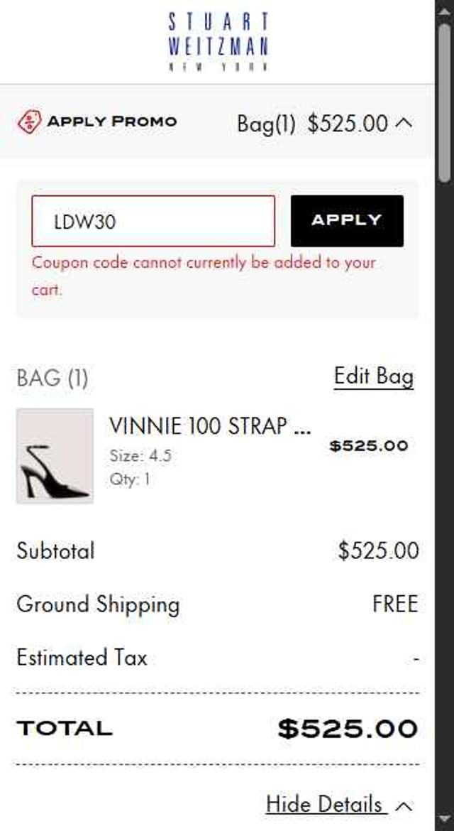 Stuart Weitzman checkout page showing Stuart Weitzman promo code box | Screenshot taken by SimplyCodes community member on Sep 9, 2025