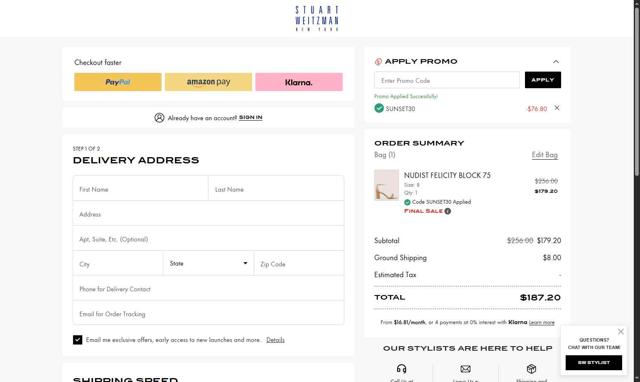 Stuart Weitzman checkout page showing Stuart Weitzman promo code box | Screenshot taken by SimplyCodes community member on Sep 11, 2025
