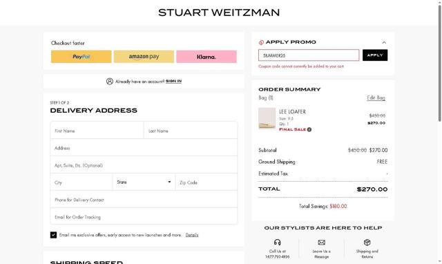 Stuart Weitzman checkout page showing Stuart Weitzman promo code box | Screenshot taken by SimplyCodes community member on Sep 4, 2025