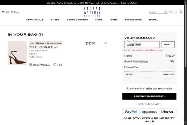 Stuart Weitzman checkout page showing Stuart Weitzman promo code box | Screenshot taken by SimplyCodes community member on Sep 14, 2025
