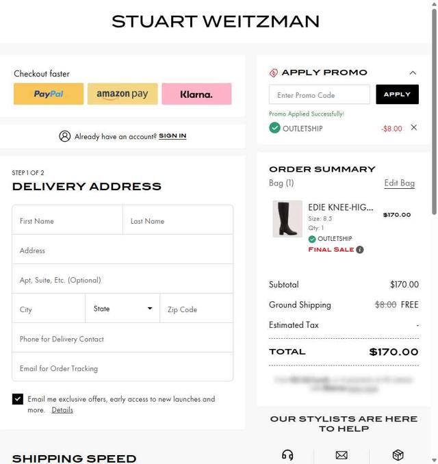Stuart Weitzman checkout page showing Stuart Weitzman promo code box | Screenshot taken by SimplyCodes community member on Sep 3, 2025