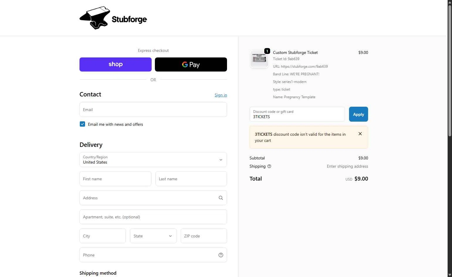 Stubforge checkout page showing Stubforge discount code box | Screenshot taken by SimplyCodes community member on Dec 10, 2025