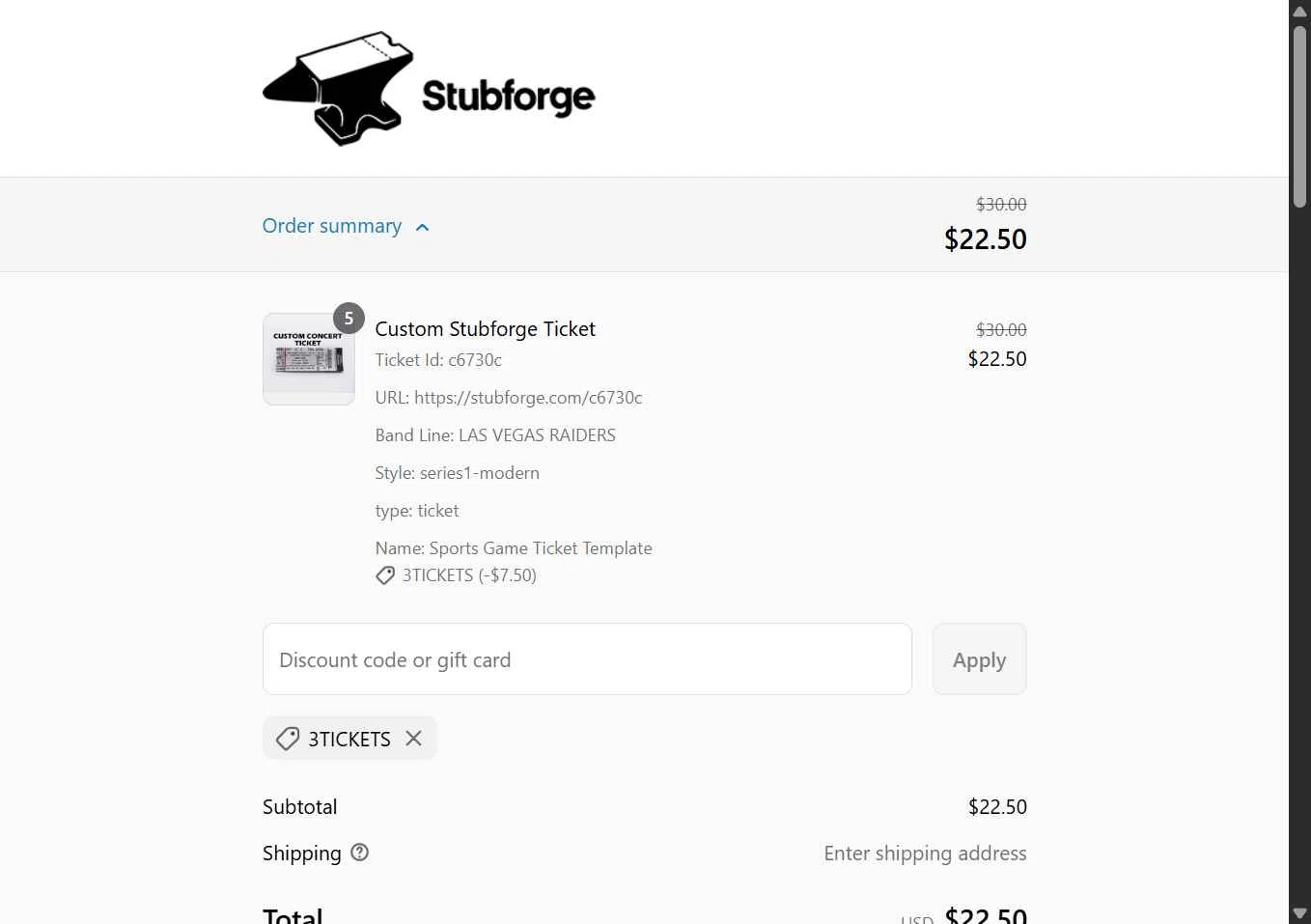Stubforge checkout page showing Stubforge discount code box | Screenshot taken by SimplyCodes community member on May 24, 2025