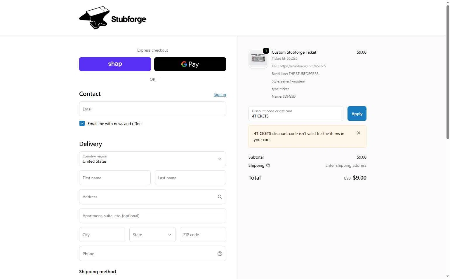 Stubforge checkout page showing Stubforge discount code box | Screenshot taken by SimplyCodes community member on Dec 10, 2025