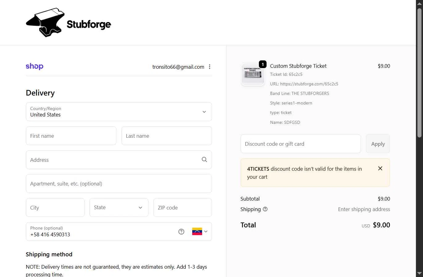 Stubforge checkout page showing Stubforge discount code box | Screenshot taken by SimplyCodes community member on Dec 17, 2025