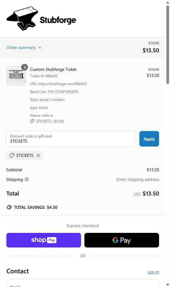 Stubforge checkout page showing Stubforge discount code box | Screenshot taken by SimplyCodes community member on Apr 25, 2025
