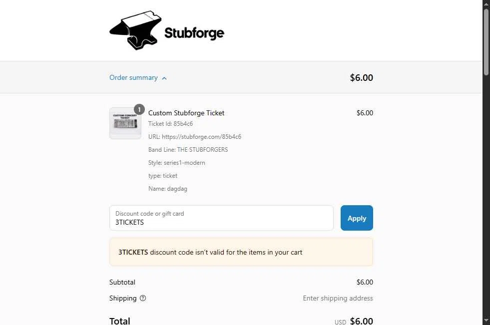 Stubforge checkout page showing Stubforge discount code box | Screenshot taken by SimplyCodes community member on Apr 25, 2025