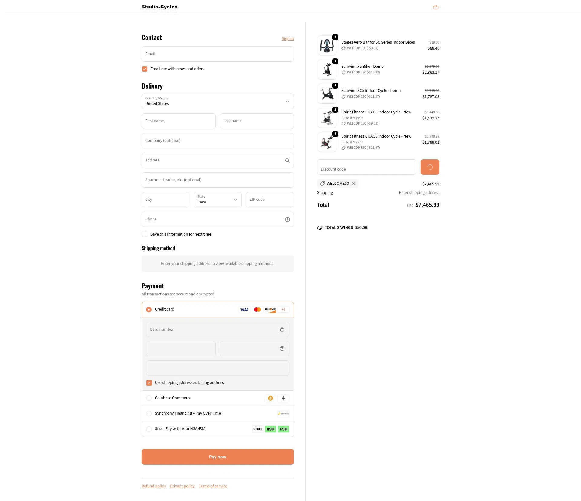 StudioCycles checkout page showing StudioCycles promo code box | Screenshot taken by SimplyCodes community member on Feb 8, 2026