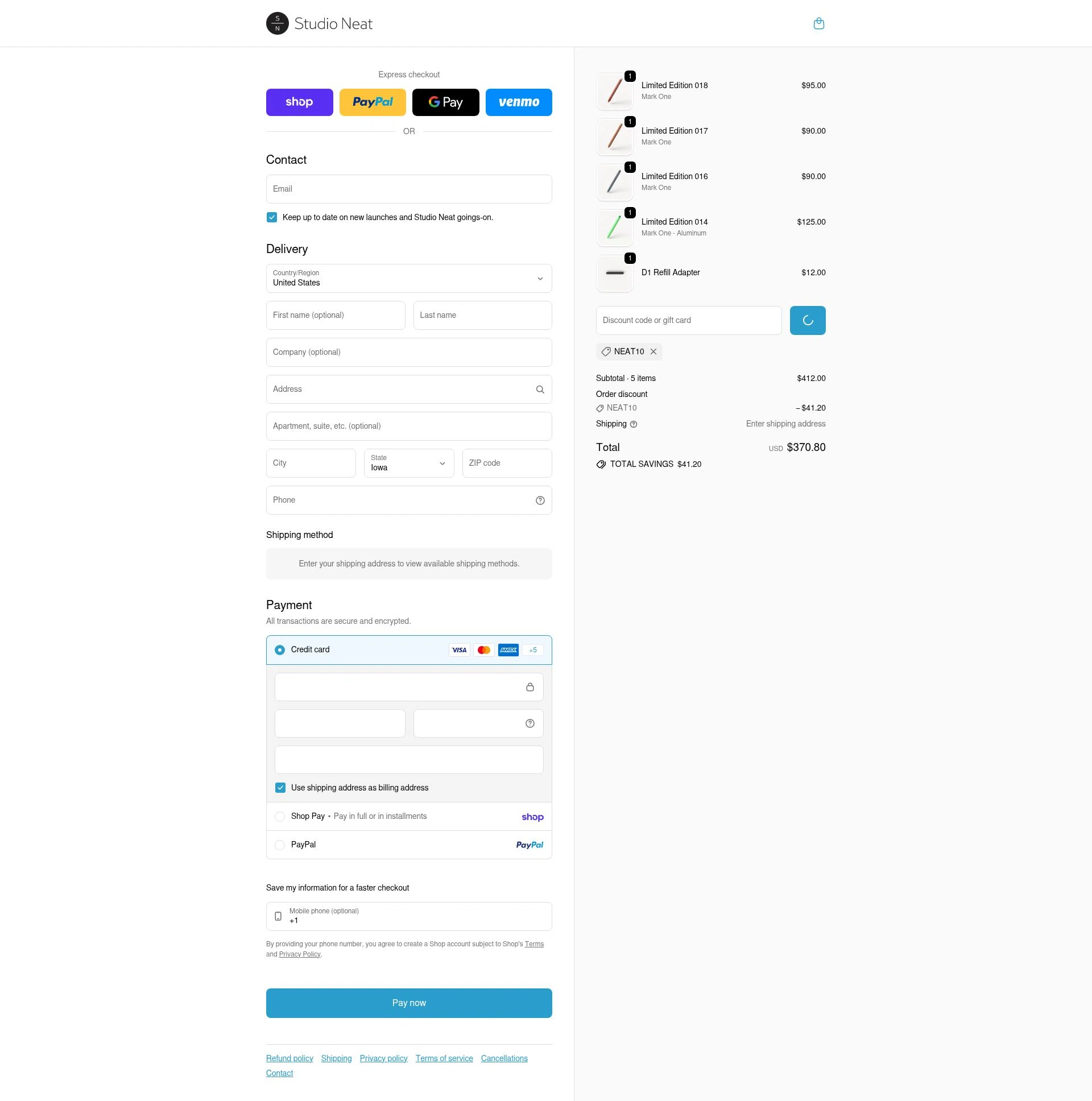 Studio Neat checkout page showing Studio Neat discount code box | Screenshot taken by SimplyCodes community member on Feb 11, 2026