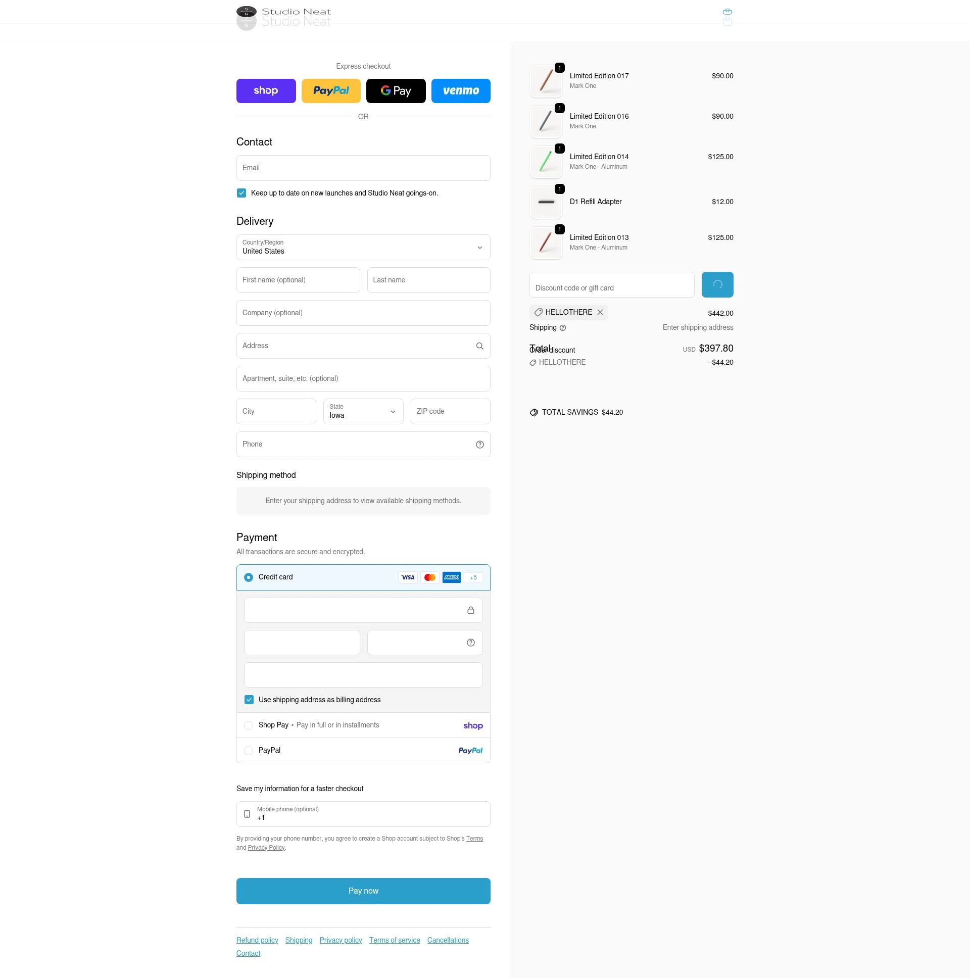 Studio Neat checkout page showing Studio Neat discount code box | Screenshot taken by SimplyCodes community member on Feb 7, 2026