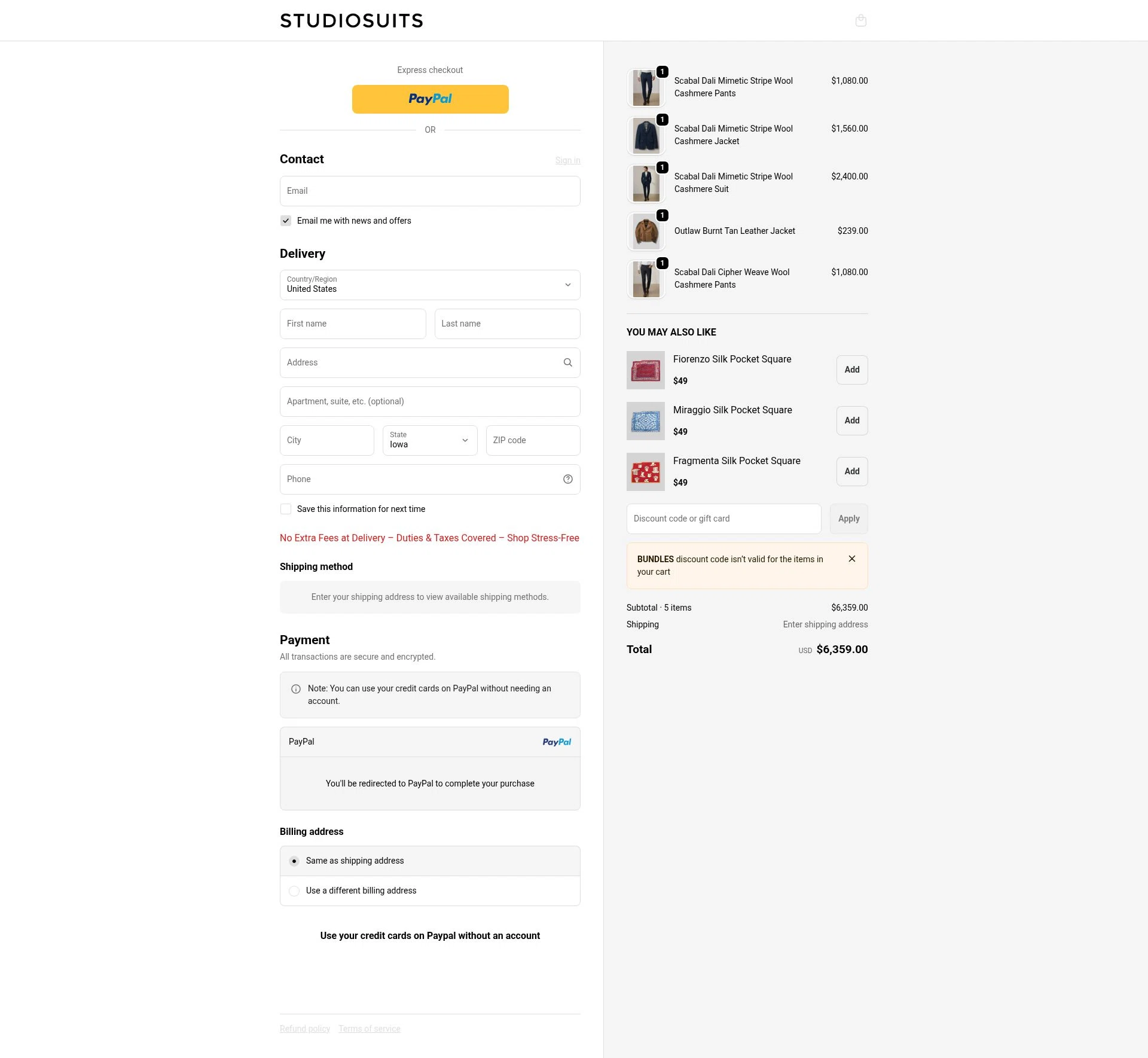 StudioSuits checkout page showing StudioSuits discount code box | Screenshot taken by SimplyCodes community member on Feb 10, 2026