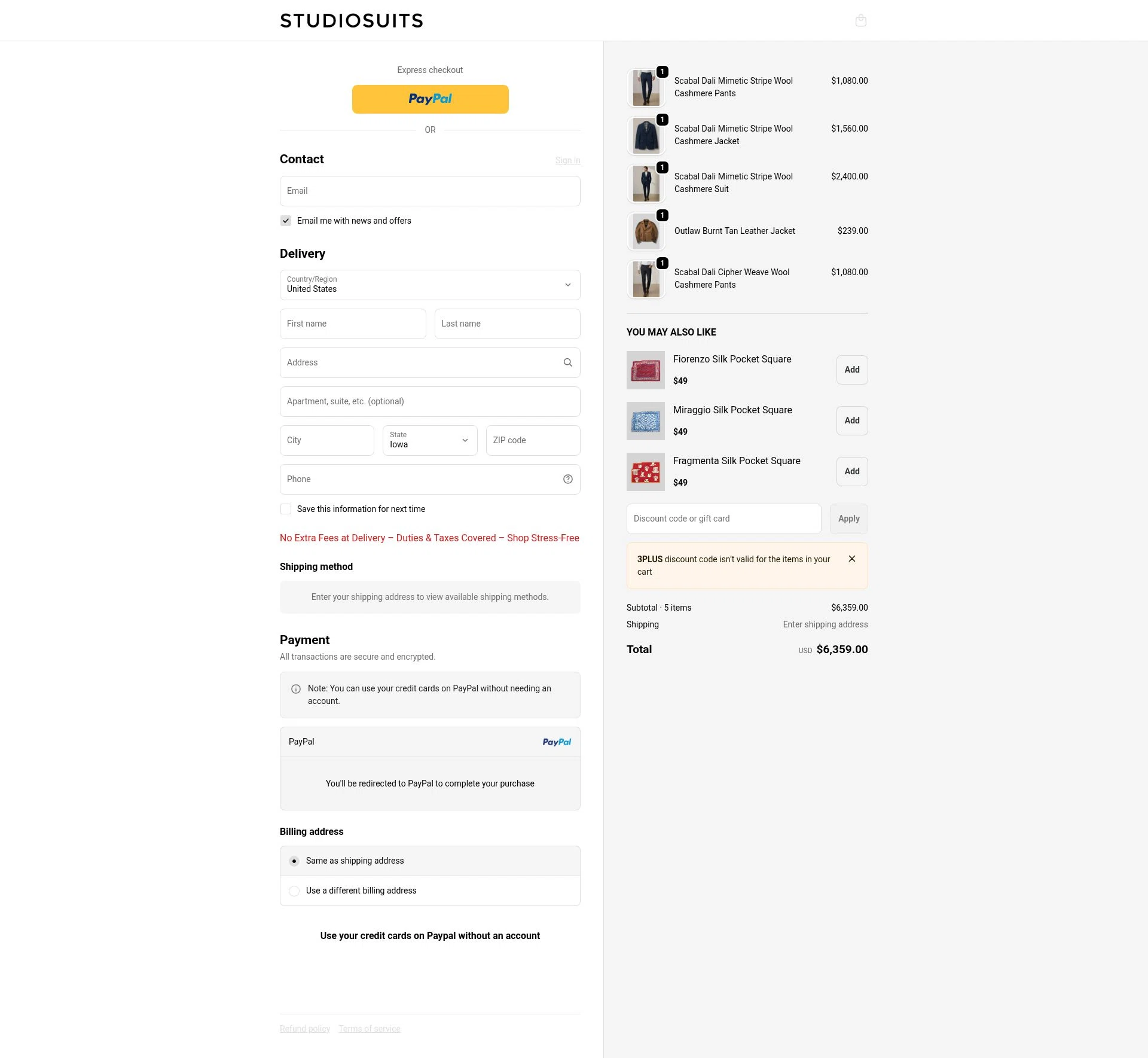 StudioSuits checkout page showing StudioSuits discount code box | Screenshot taken by SimplyCodes community member on Feb 10, 2026