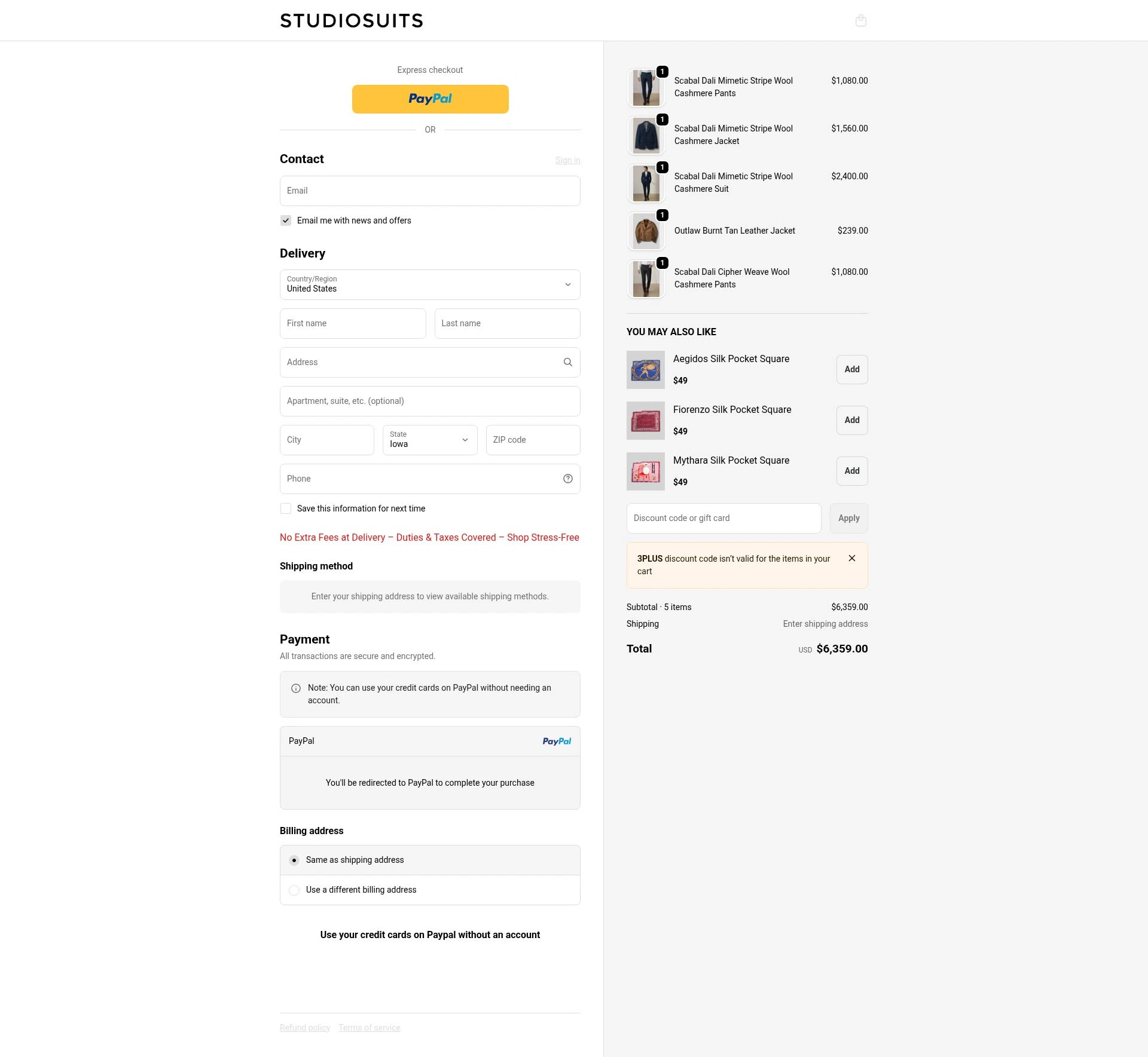 StudioSuits checkout page showing StudioSuits discount code box | Screenshot taken by SimplyCodes community member on Feb 1, 2026