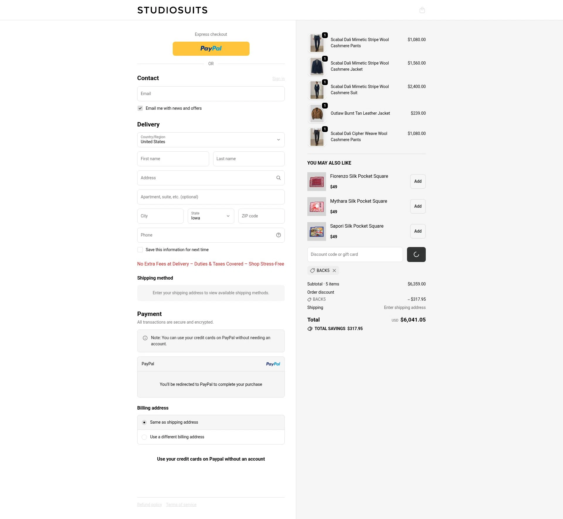 StudioSuits checkout page showing StudioSuits discount code box | Screenshot taken by SimplyCodes community member on Feb 6, 2026