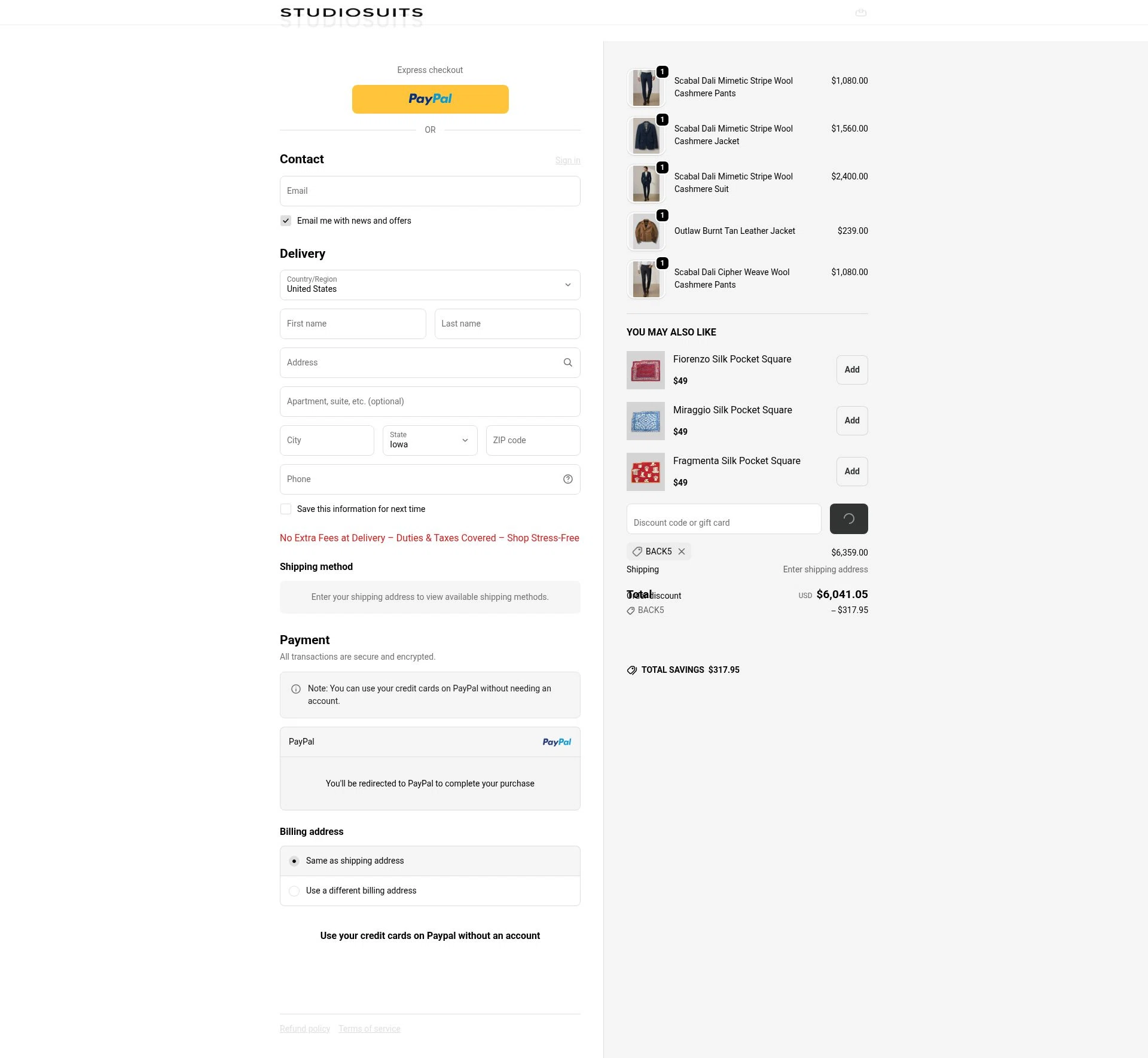 StudioSuits checkout page showing StudioSuits discount code box | Screenshot taken by SimplyCodes community member on Feb 10, 2026