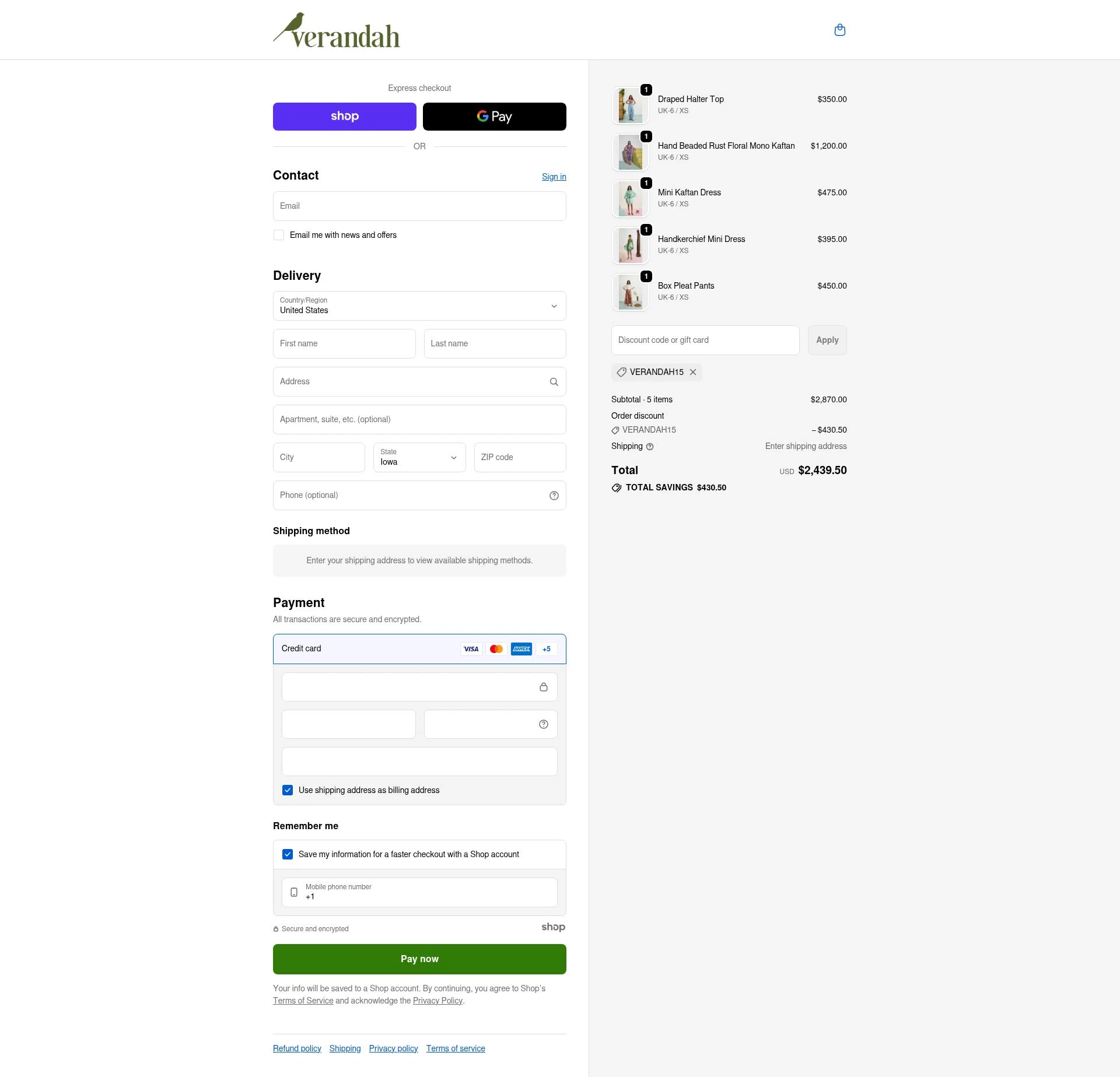 Verandah checkout page showing Verandah promo code box | Screenshot taken by SimplyCodes community member on Nov 19, 2025