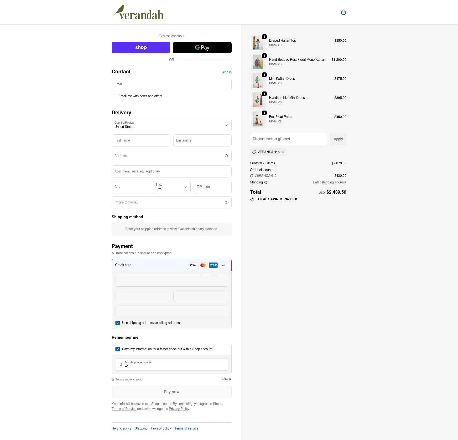 Verandah checkout page showing Verandah promo code box | Screenshot taken by SimplyCodes community member on Dec 4, 2025