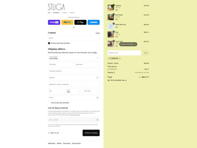 Stuga checkout page showing Stuga discount code box | Screenshot taken by SimplyCodes community member on Aug 25, 2025
