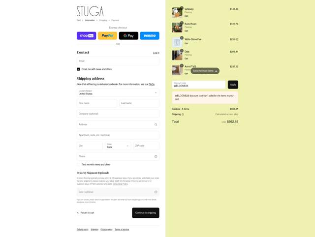 Stuga checkout page showing Stuga discount code box | Screenshot taken by SimplyCodes community member on Aug 21, 2025