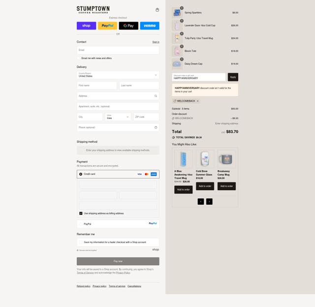Stumptown Coffee Roasters checkout page showing Stumptown Coffee Roasters promo code box | Screenshot taken by SimplyCodes community member on Sep 10, 2025
