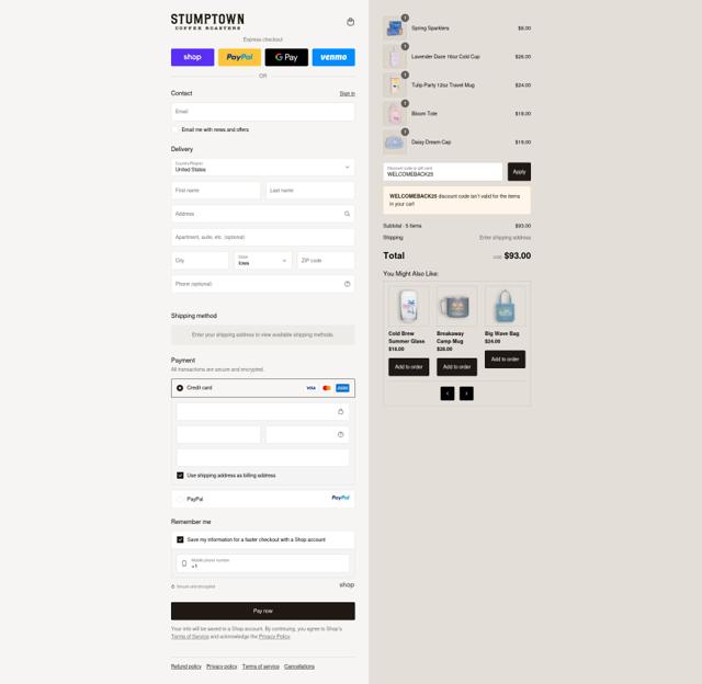 Stumptown Coffee Roasters checkout page showing Stumptown Coffee Roasters promo code box | Screenshot taken by SimplyCodes community member on Sep 14, 2025