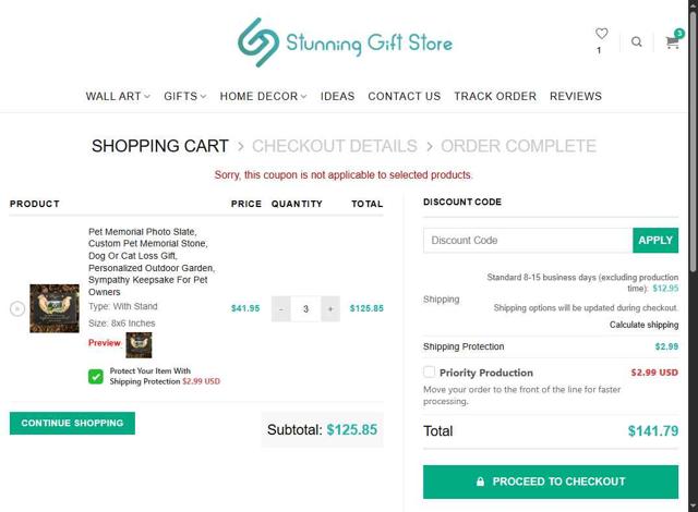 Stunning Gift Store checkout page showing Stunning Gift Store discount code box | Screenshot taken by SimplyCodes community member on Aug 16, 2025