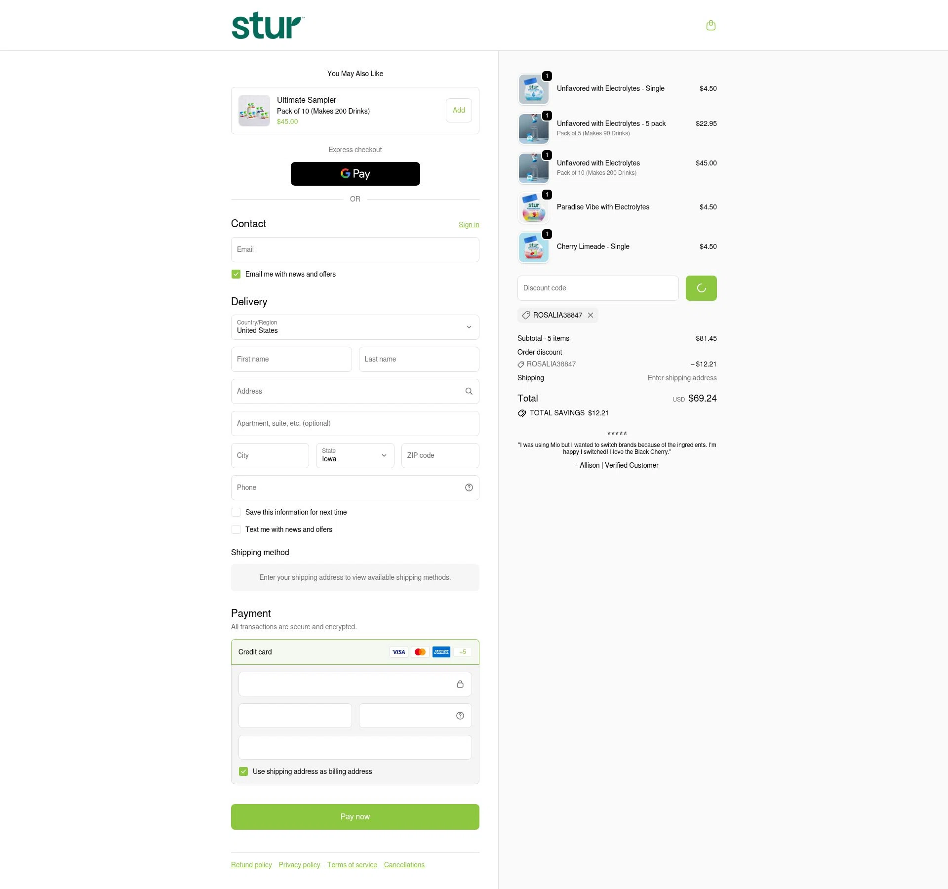Stur Drinks checkout page showing Stur Drinks discount code box | Screenshot taken by SimplyCodes community member on Feb 5, 2026