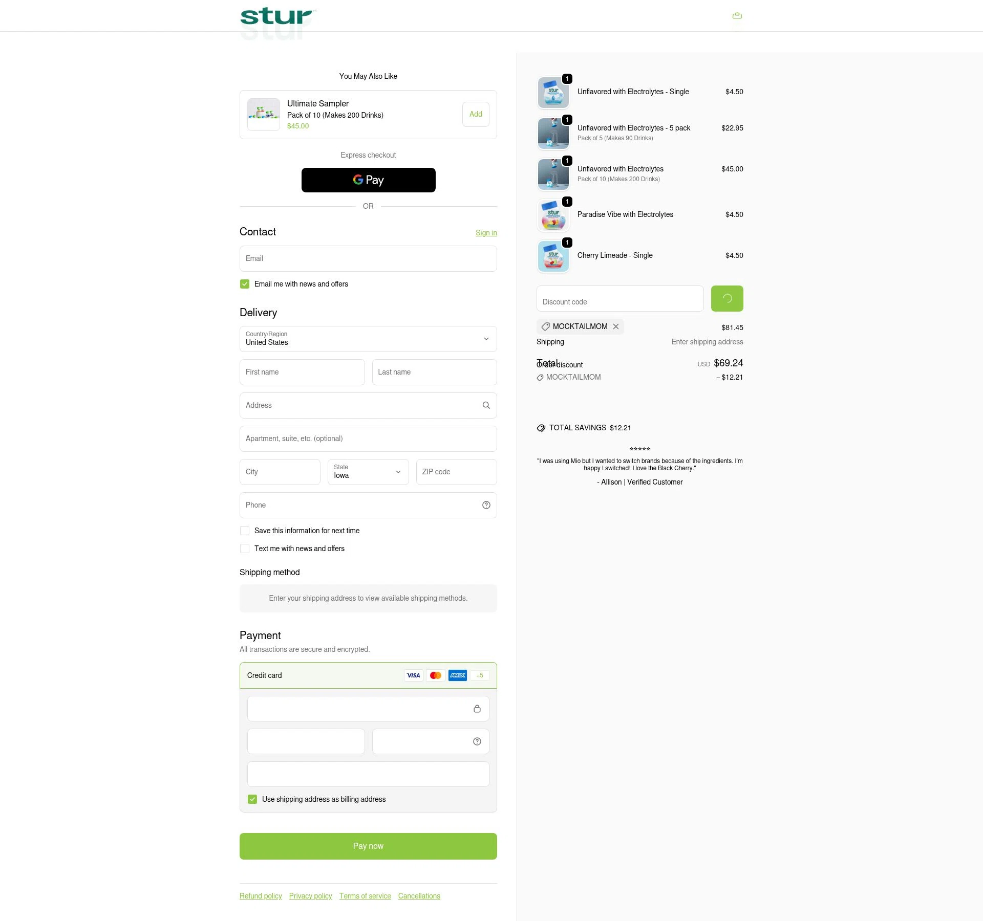 Stur Drinks checkout page showing Stur Drinks discount code box | Screenshot taken by SimplyCodes community member on Feb 5, 2026