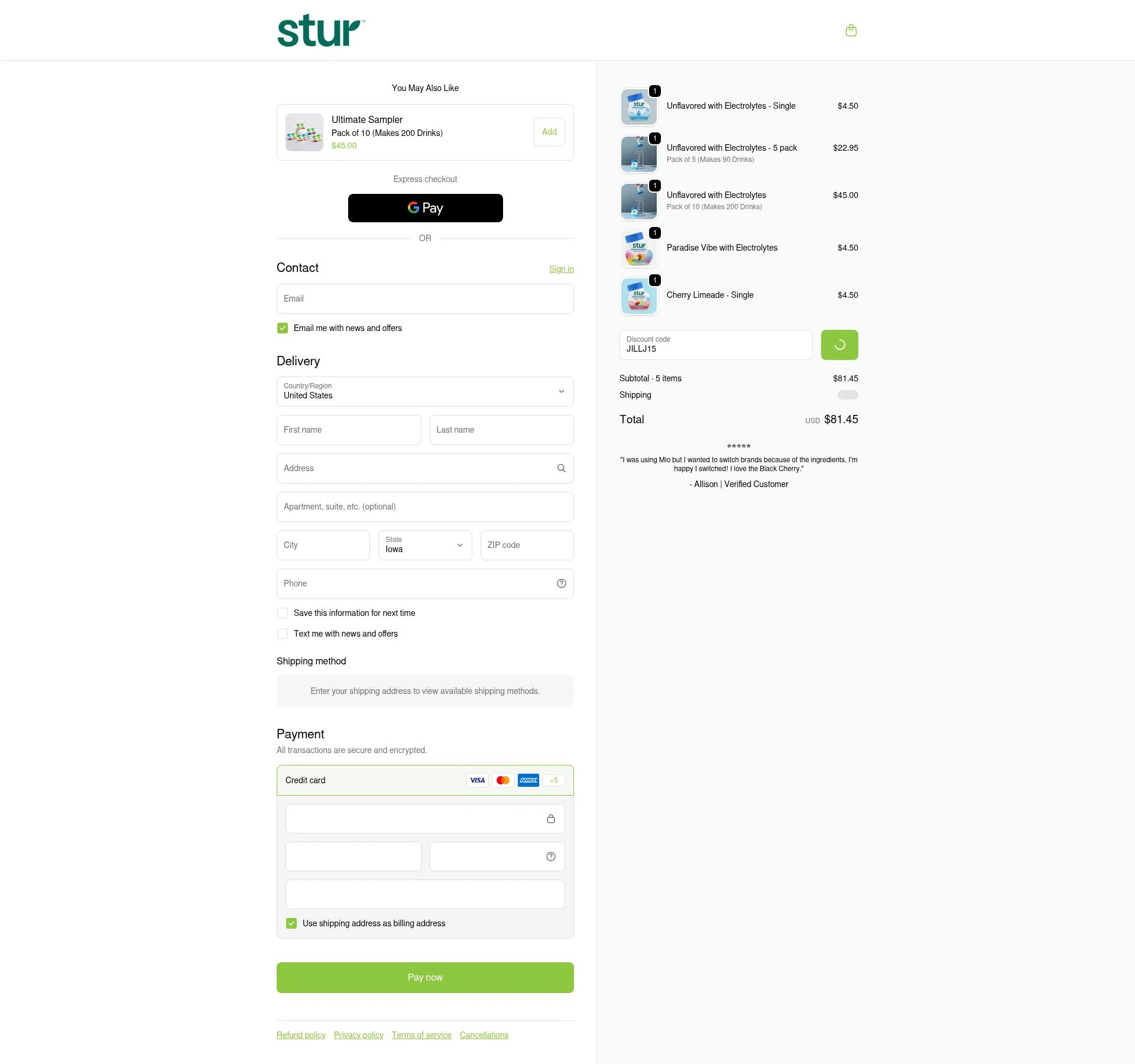 Stur Drinks checkout page showing Stur Drinks discount code box | Screenshot taken by SimplyCodes community member on Feb 5, 2026