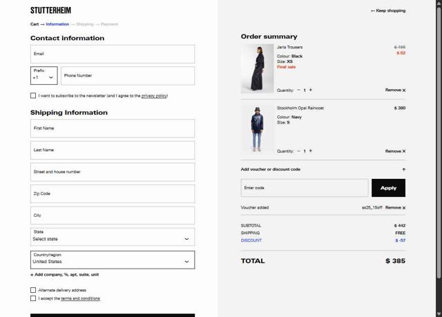 STUTTERHEIM checkout page showing STUTTERHEIM discount code box | Screenshot taken by SimplyCodes community member on Aug 6, 2025
