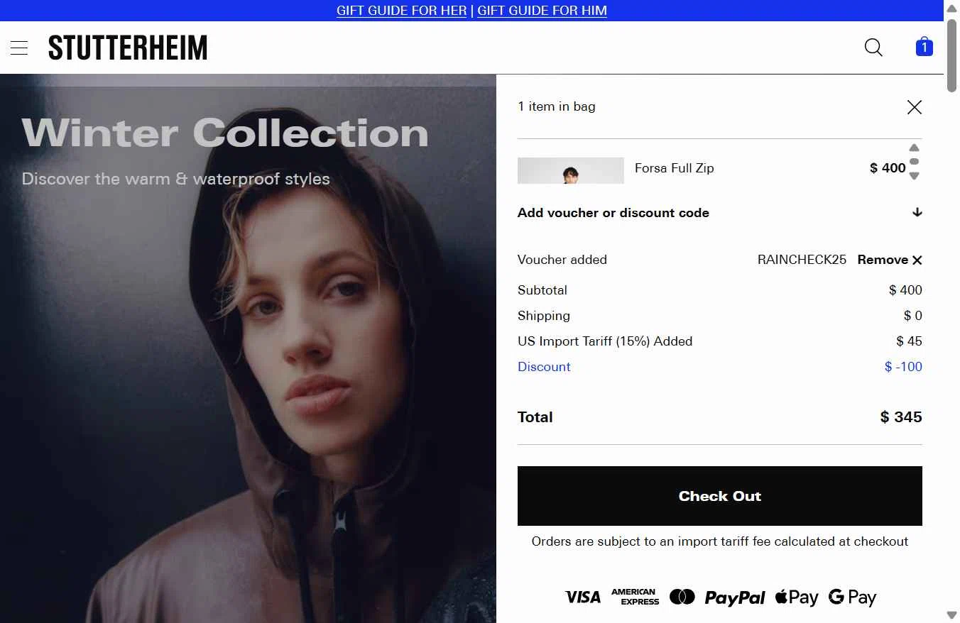 STUTTERHEIM checkout page showing STUTTERHEIM discount code box | Screenshot taken by SimplyCodes community member on Dec 6, 2025