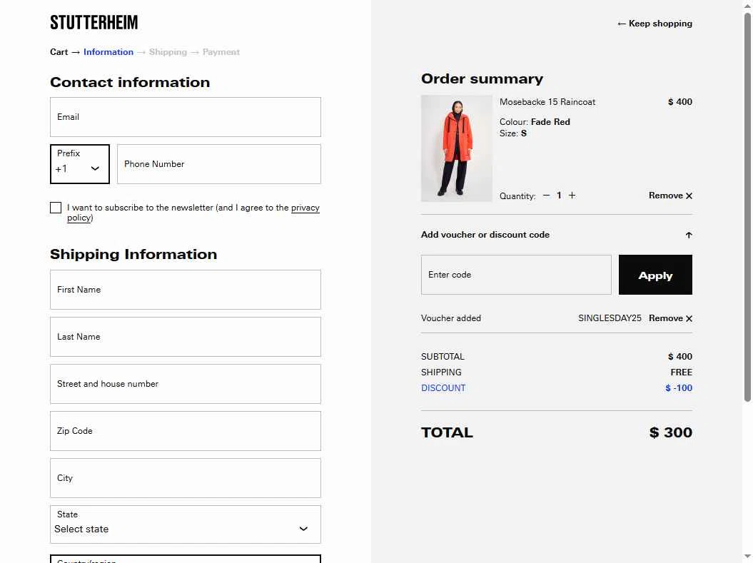 STUTTERHEIM checkout page showing STUTTERHEIM discount code box | Screenshot taken by SimplyCodes community member on Nov 9, 2025