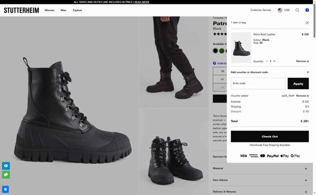 STUTTERHEIM checkout page showing STUTTERHEIM discount code box | Screenshot taken by SimplyCodes community member on Sep 9, 2025