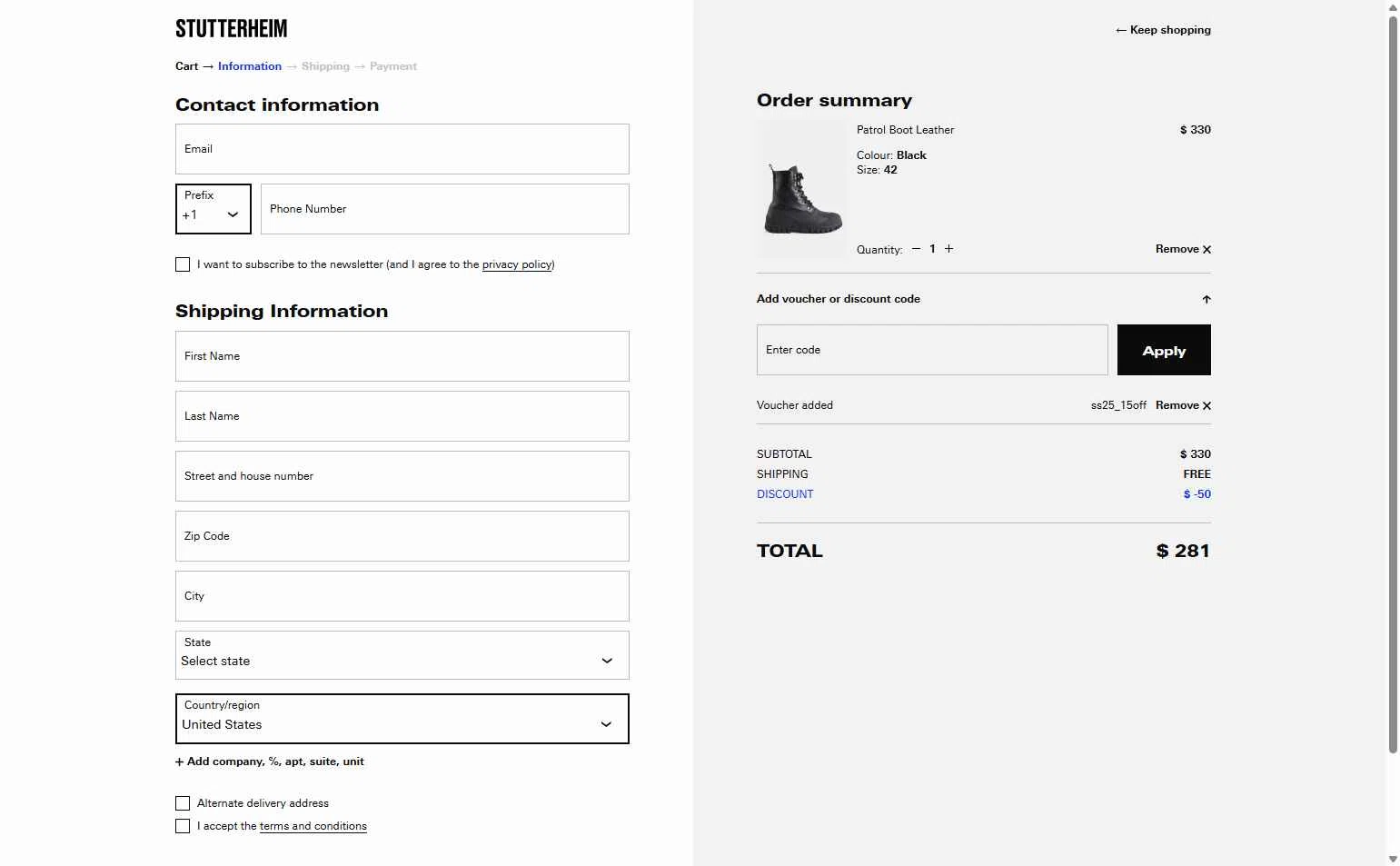 STUTTERHEIM checkout page showing STUTTERHEIM discount code box | Screenshot taken by SimplyCodes community member on Nov 5, 2025