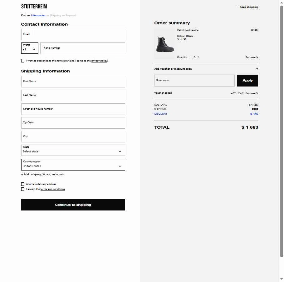 STUTTERHEIM checkout page showing STUTTERHEIM discount code box | Screenshot taken by SimplyCodes community member on Oct 7, 2025
